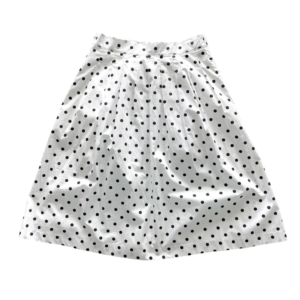 Talbots : White Black Polka Dot Cotton Pleated A-Line Pocketed Midi Skirt : 10P
